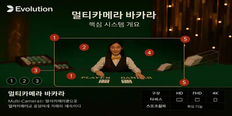 에볼루션 멀티 카메라 바카라 시스템 개념도, 5개 이상의 카메라가 다양한 각도로 실시간 게임을 촬영하는 모습