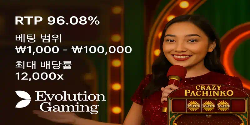 에볼루션 크레이지 파친코 게임 소개 화면, 5×3 슬롯 릴과 거대한 파친코 보드에서 12,000배 최대 배당을 보여주는 이미지