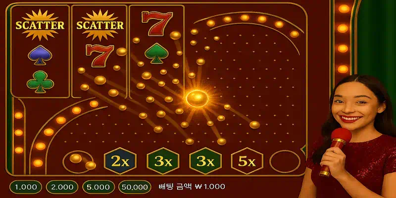 크레이지 파친코 보너스 라운드 진행 화면, 골든 스캐터 3개와 파친코 볼들이 핀 사이를 떨어지는 모습을 보여주는 이미지