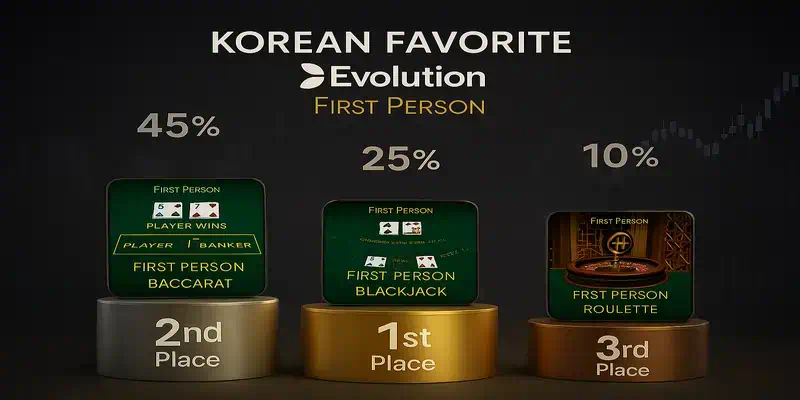 한국인 선호 에볼루션 1인칭 카지노 게임 TOP 5 순위 차트, 1위 바카라 45%부터 5위 메가볼까지 게임별 선호율과 특징을 보여주는 통계 이미지