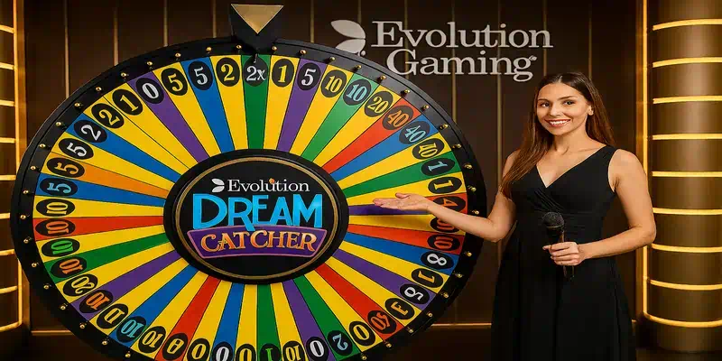 에볼루션 드림캐쳐 게임 메인 화면, 54구간으로 나뉜 거대한 수직 회전판과 전문 라이브 호스트가 있는 스튜디오 전경