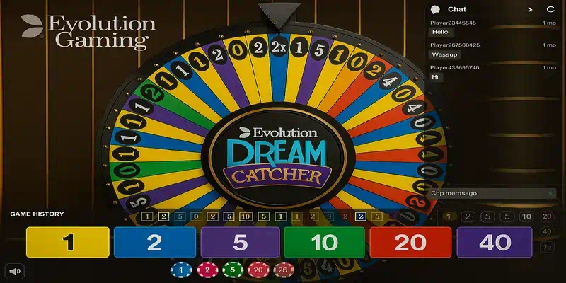 에볼루션 드림캐쳐 게임 인터페이스 화면, 베팅 영역과 회전판, 채팅창, 게임 히스토리가 포함된 완전한 UI 구성도