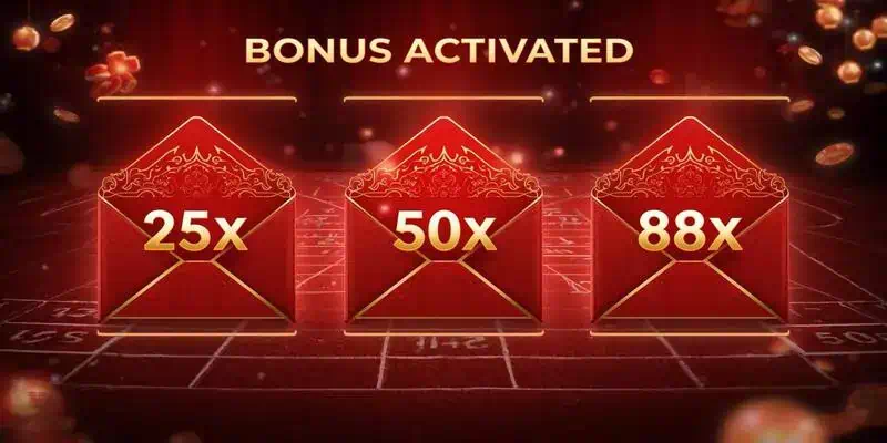Red Envelope 보너스 시스템 작동 원리, 1-3개 빨간 봉투가 동시 출현하여 11-88배 멀티플라이어를 제공하는 모습